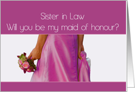 Sister in Law Maid of Honour Request Pink Bride and Bouquet card