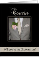 Cousin Be my Groomsman Grey Suit and Boutonnire card