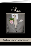 Son Be my Groomsman Grey Suit and Boutonnire card