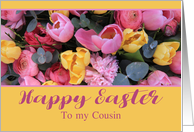 Cousin Happy Easter Pink and Yellow Tulips card