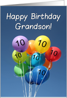 10th Birthday for Grandson Colored Balloons in Blue Sky card
