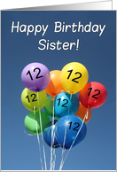 12th Birthday for Sister, Colored Balloons in Blue Sky card