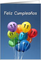 11th Spanish Birthday, Feliz Cumpleaos, Colored Balloons in Blue Sky. card