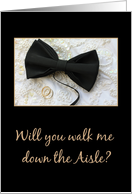 walk me down the aisle request Bow tie and rings on wedding dress card