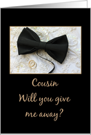 Cousin Give me away request Bow tie and rings on wedding dress card