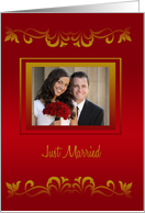 Wedding Announcement Photo Card on deep red with golden frame card