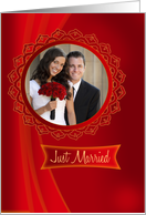 Wedding Announcement Photo Card on deep red with circular frame card