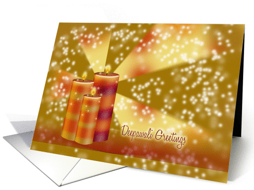 Diwali Greetings - candles with orange, red stripes on festive bg card