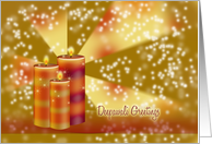 Diwali Greetings - candles with orange, red stripes on festive bg card