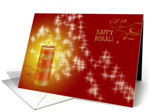 Diwali Greetings with golden candle on red-yellow festive... (1095410)