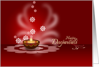 Diwali Greetings - decorative oil lamp on maroon backgroud card