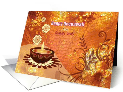 Custom Diwali Greetings - brown decorative lamp on golden deign card