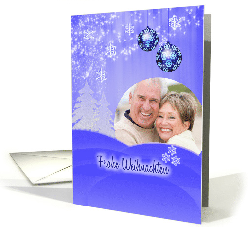 Custom German Christmas card with snow fall and ornaments on blue card