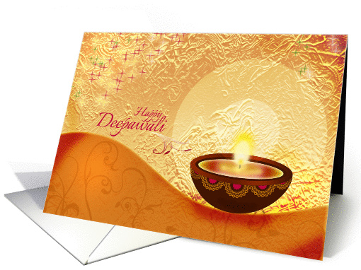 Diwali Greetings - decorative lamp on festive golden background card