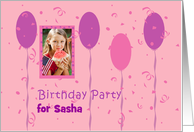 Birthday party invitation photo card with pink and magenta balloons card