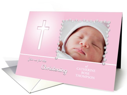 Pink Christening invitation for baby girl custom photo card (880482)