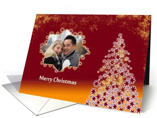 Christmas Photo Card - Glittering Tree with Stars on Dark Red card
