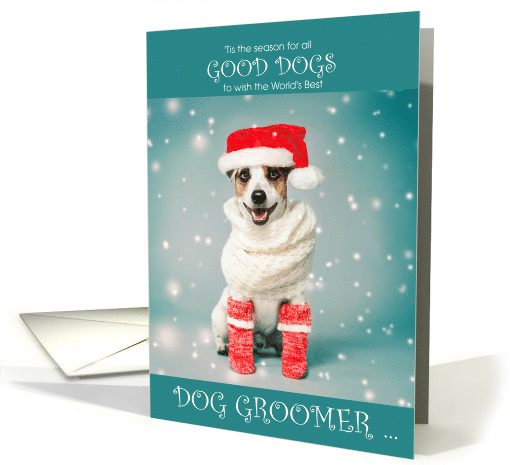 for Dog Groomer Cute Holiday Jack Russell in Teal and Red card