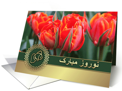Nowruz Mubarak. Persian New Year Card in Farsi. Spring Tulips card