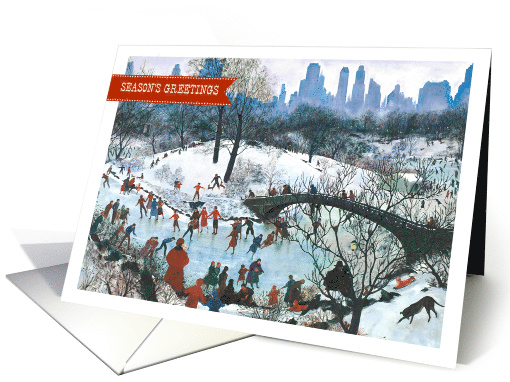 Season's Greetings. Vintage Winter Skating Scene in the City Park card