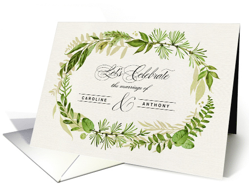 Custom Wedding Invitation. Watercolor Leaf Wreath design card
