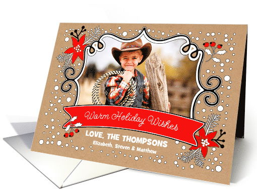 Warm Holiday Wishes Kraft paper. Personalized Christmas Photo card