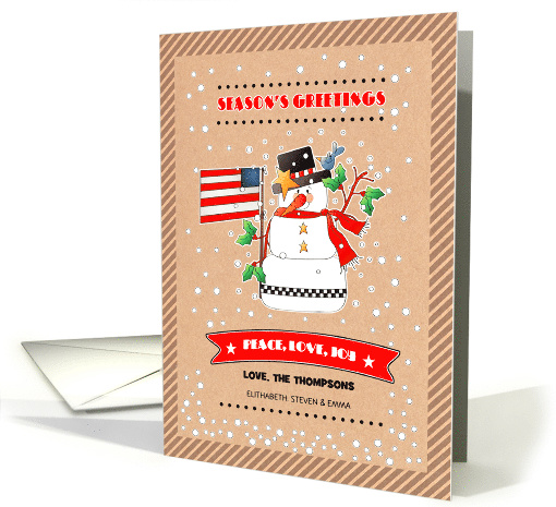 Season's Greetings Fun Snowman Custom Name Patriotic design card