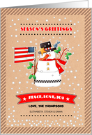 Season’s Greetings Fun Snowman Custom Name Patriotic design card