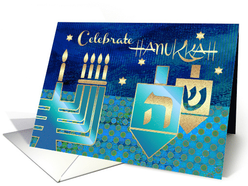 Hanukkah Celebration Invitation. Menorah & Dreidels Design card