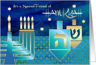 Happy Hanukkah for a Special Friend. Menorah & Dreidels card