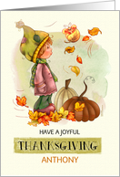 Happy Thanksgiving Little Boy Butterfly and Pumpkins Custom Name card