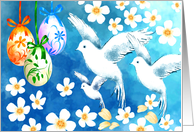 Happy Easter. Easter Eggs and Doves Watercolor Painting card