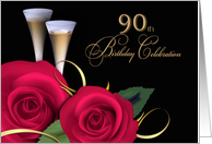 90th Birthday Party Invitation. Red Roses and Champagne Cups card