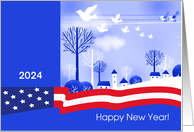 Happy New Year 2024 Snowy Village and American Flag Patriotic card