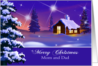 Christmas Card for Parents. Snow Village Night Scene card