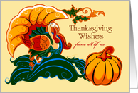 Thanksgiving Wishes from all of us. Turkey and Pumpkin design card