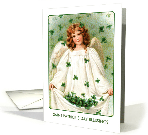 St. Patrick's Day Blessings. Vintage Angel with Shamrocks card