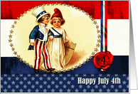 Happy 4th of July. Kids with US Flag .Vintage card