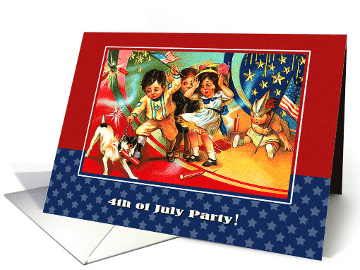 4th of July Party Invitation. Kids with firecrackers.Vintage card