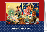 4th of July Party Invitation. Kids with firecrackers.Vintage card