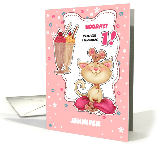 Custom Baby Name 1st Birthday Wishes. Fun Kitty and Mice card (831197)