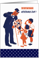 Veterans Day. US Army Old Soldier with Kids. Retro card
