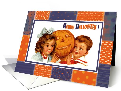 Happy Halloween. Vintage kids with Jack o'Lantern card (866182)