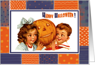 Happy Halloween. Vintage kids with Jack o’Lantern card