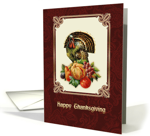 Happy Thanksgiving. Vintage Turkey with Pumpkin and Fruits card