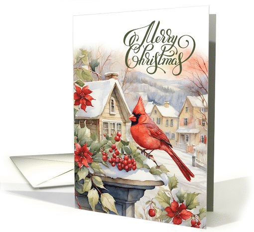 Merry Christmas Snowy Village and Red Cardinal Painting card (878345)