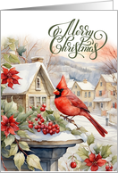 Merry Christmas Snowy Village and Red Cardinal Painting card