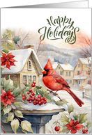 Happy Holidays Snowy Village and Red Cardinal Painting card