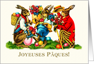 Joyeuses Pques. Easter card in French. Vintage Rabbits card