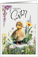 Happy Easter Cute Little Duckling and Spring Flowers Painting card